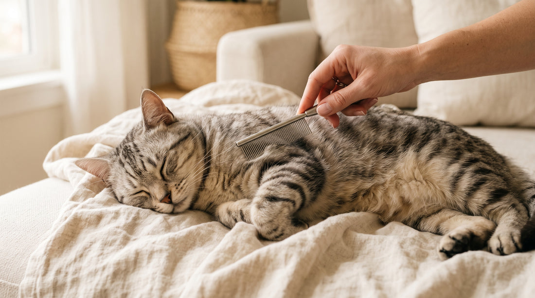 Chat tigré peigné avec un peigne fin anti-puces sur un canapé