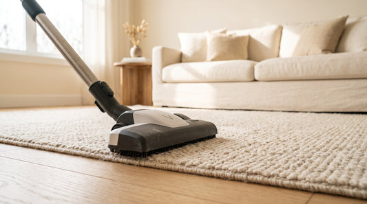 Aspirateur passant sur un tapis dans un salon lumineux