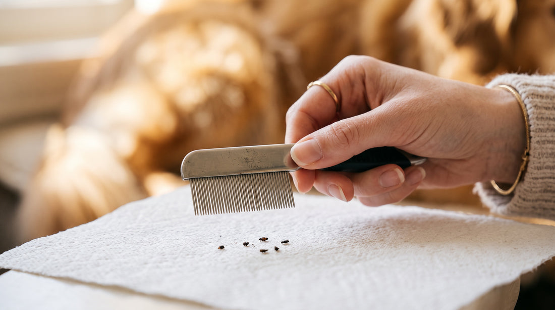 Peigne fin anti-puces au-dessus d'un papier blanc avec débris noirs