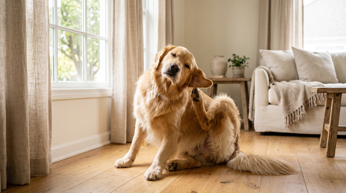 Golden retriever se grattant l'oreille dans un salon lumineux