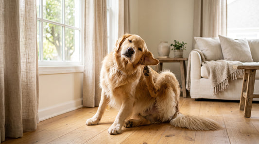 Golden retriever se grattant l'oreille dans un salon lumineux